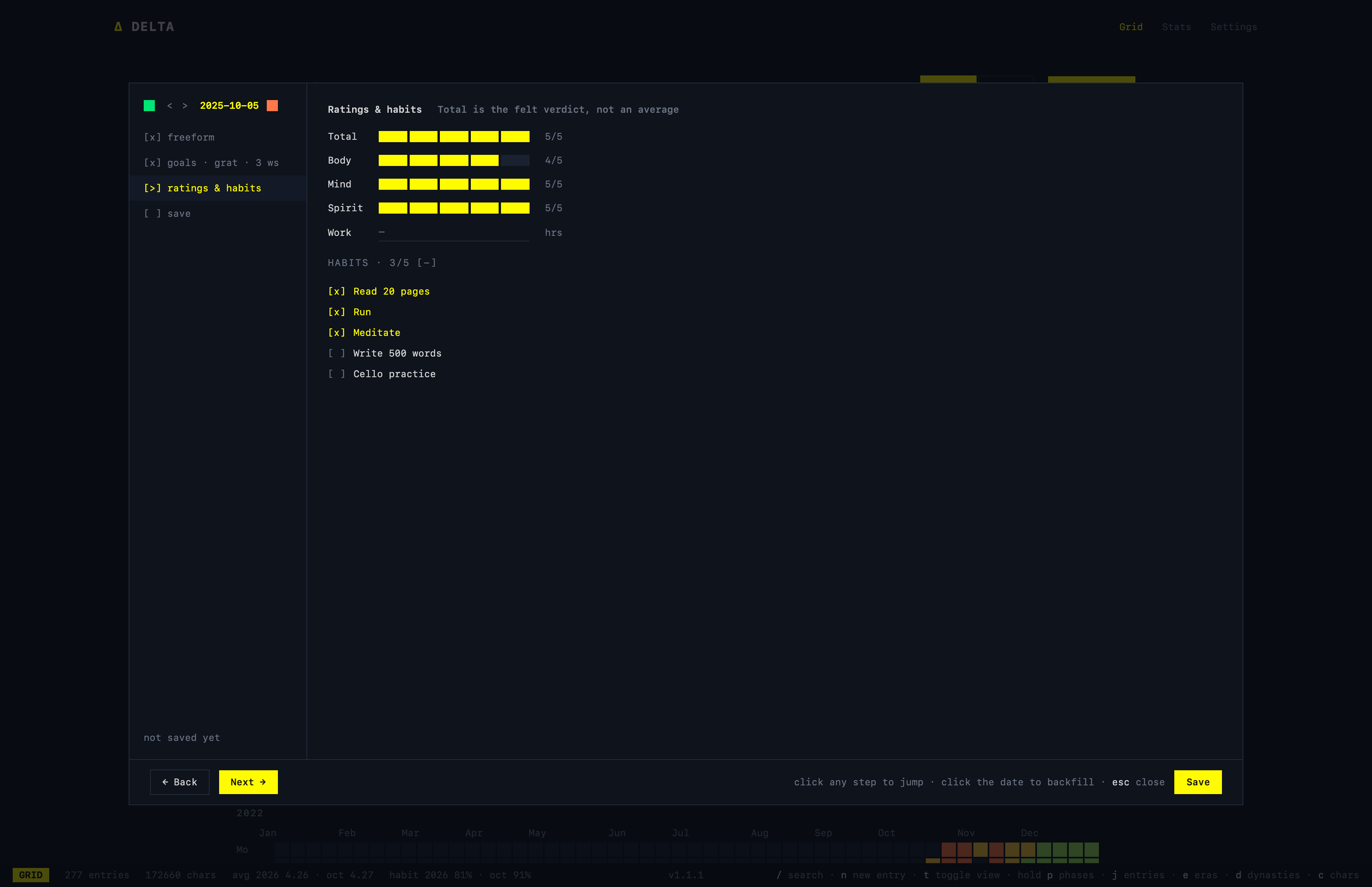 Entry wizard: ratings, hours worked, and habits