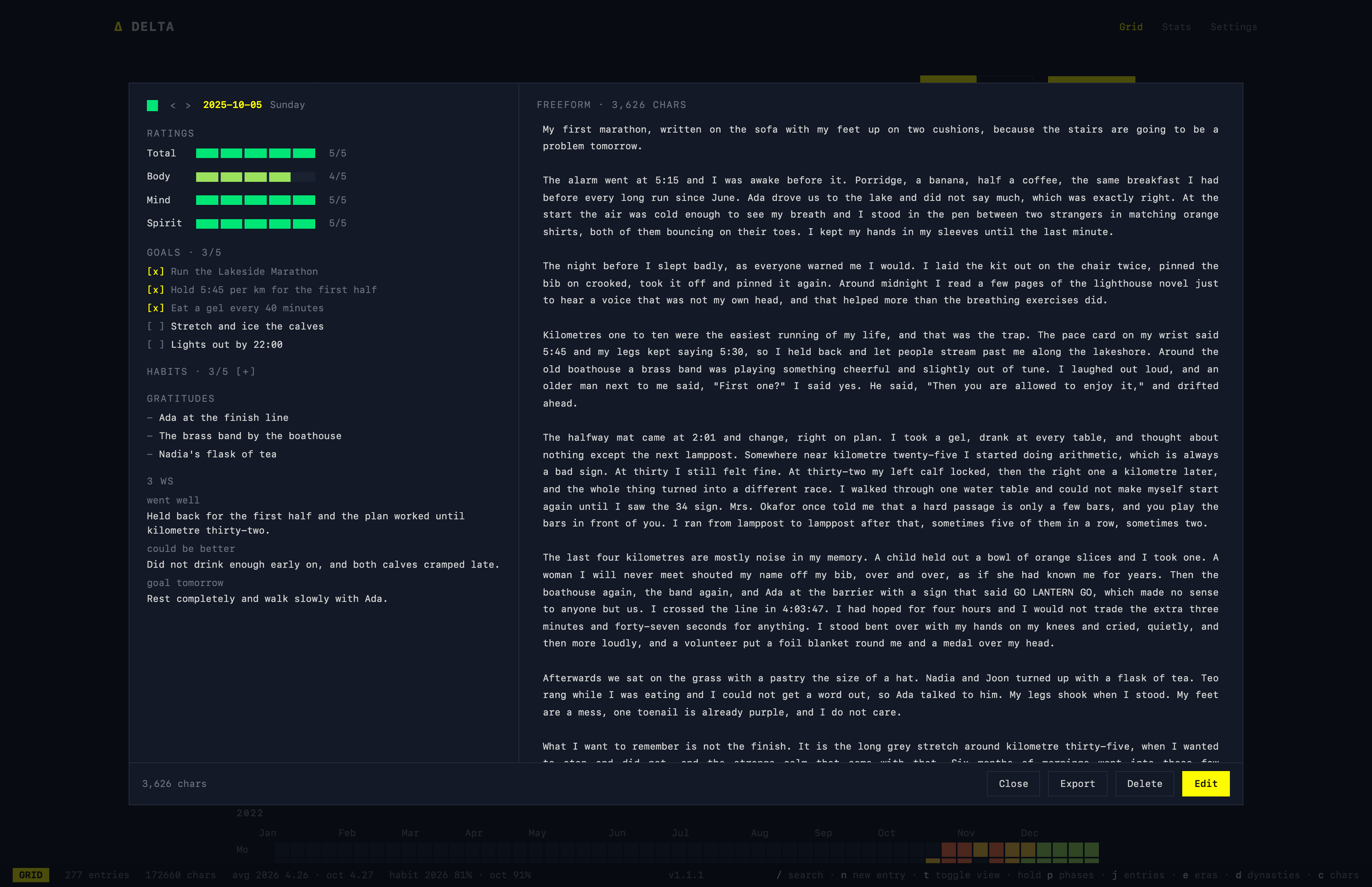 A day opened from the grid: ratings, goals, gratitudes, the three Ws, and the prose