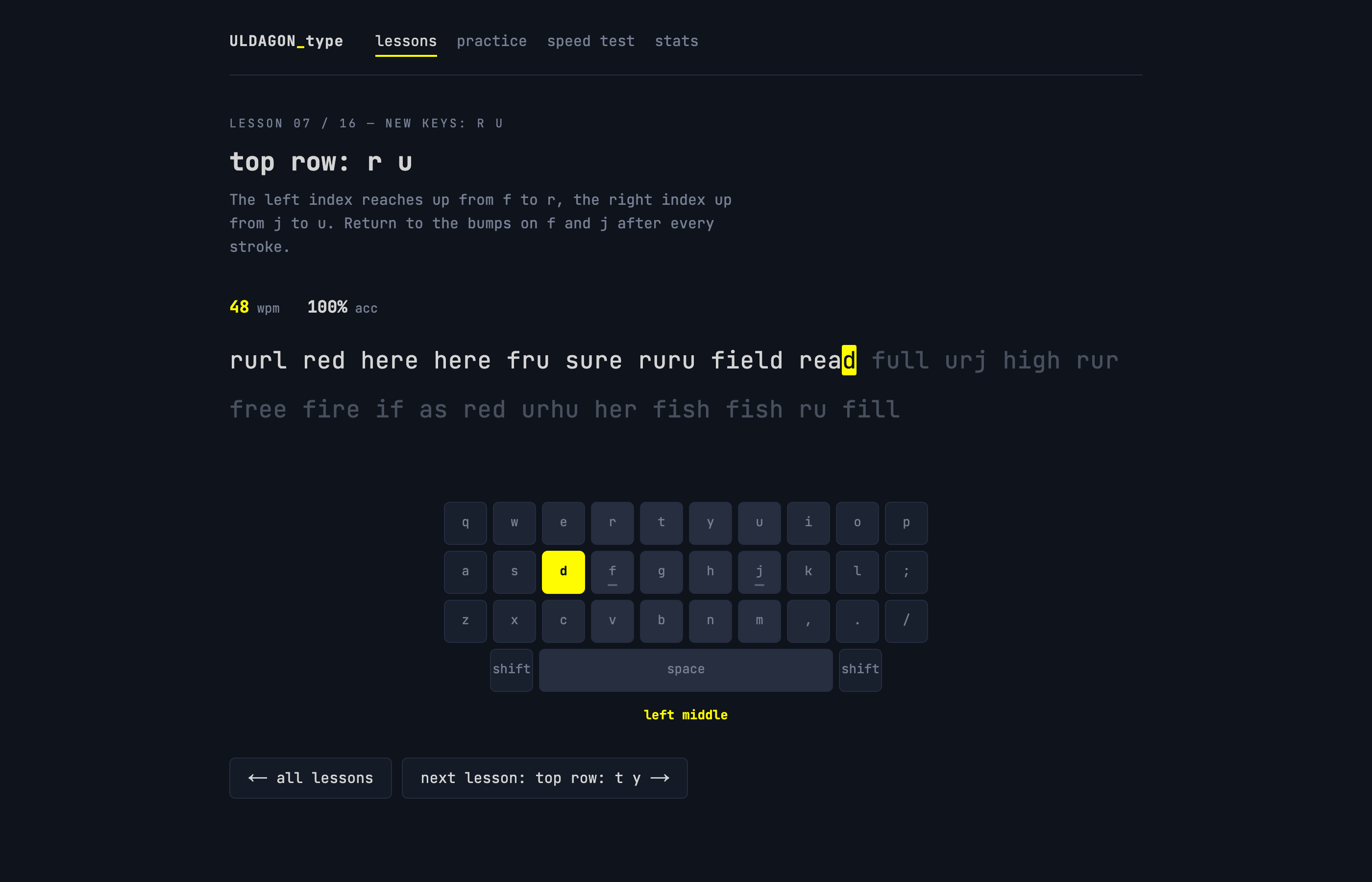 A lesson mid-drill: the keyboard highlights the next key and names the finger
